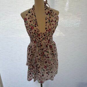 BB Dakota Floral Halter Dress XS Pink Rose Print Smocked Waist Summer Mini